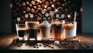 Assorted coffee drinks with calorie content displayed