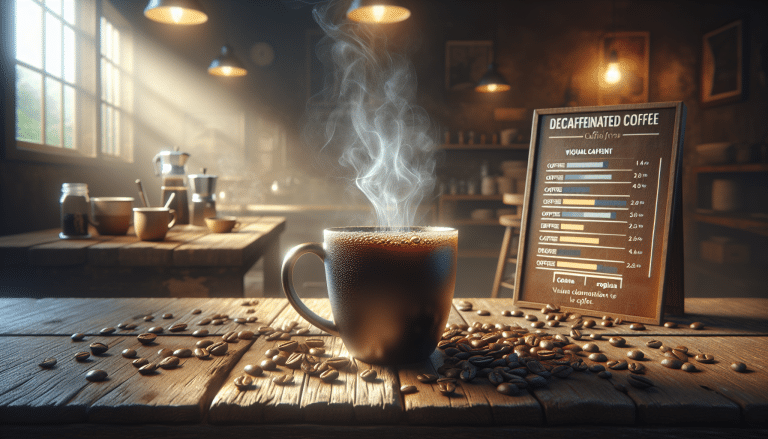 Decaf coffee mug amidst rustic setting with comparison chart