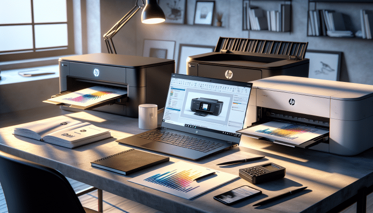 Modern workspace with HP laptop and diverse printers