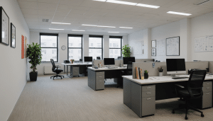 Bright, modern open-plan office with ergonomic workstations.