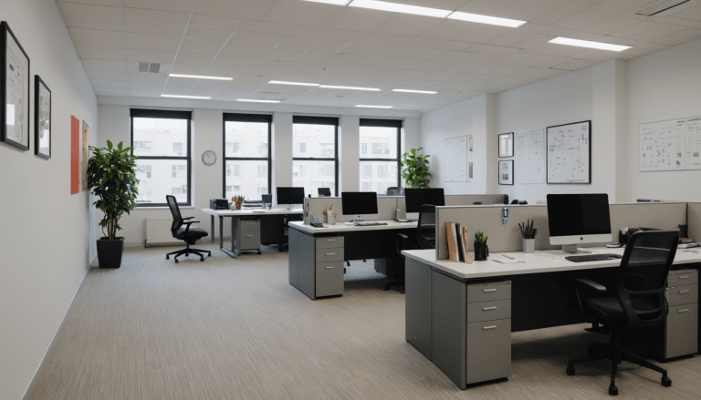 Bright, modern open-plan office with ergonomic workstations.