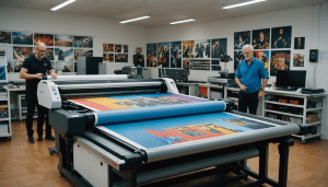 Busy print shop producing vibrant large-format banner