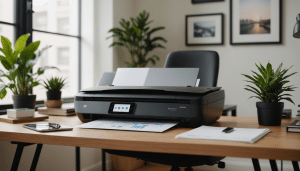 Modern home office featuring sleek decor and greenery.