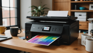 Modern ink tank printer on minimalist wooden desk