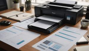 Organized desk with labeled documents, printer, and coffee.