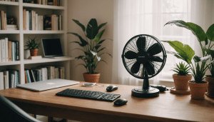 Cozy home office with desk fan and greenery.