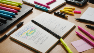 Hand highlighting text in a serene, colorful workspace.