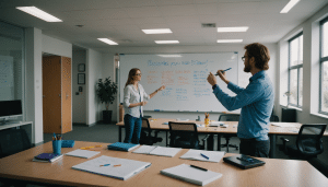 Modern office meeting room, person erasing whiteboard.