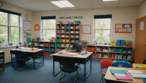 Welcoming, well-stocked classroom ready for students' return.