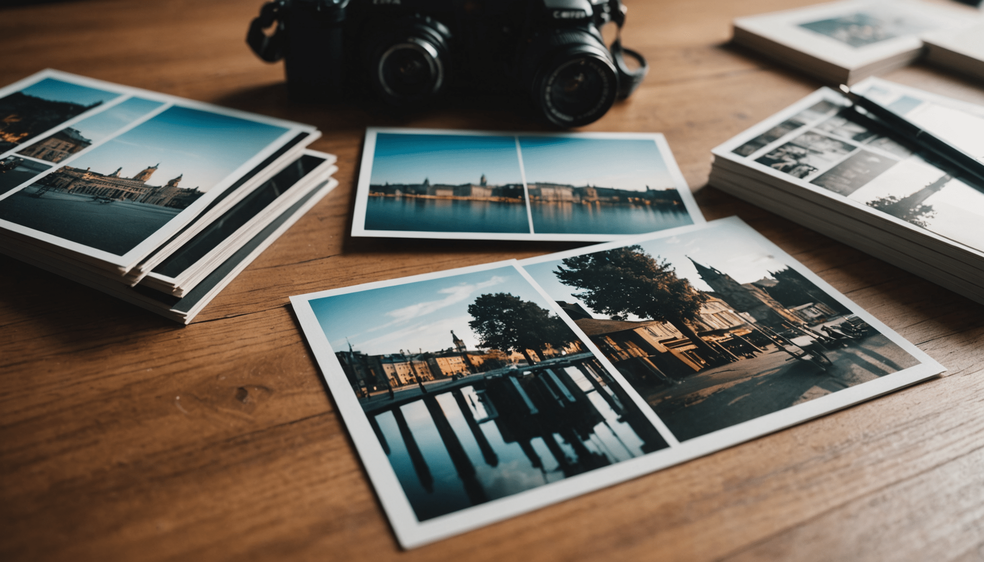 Glossy and matte photo prints on wooden desk.