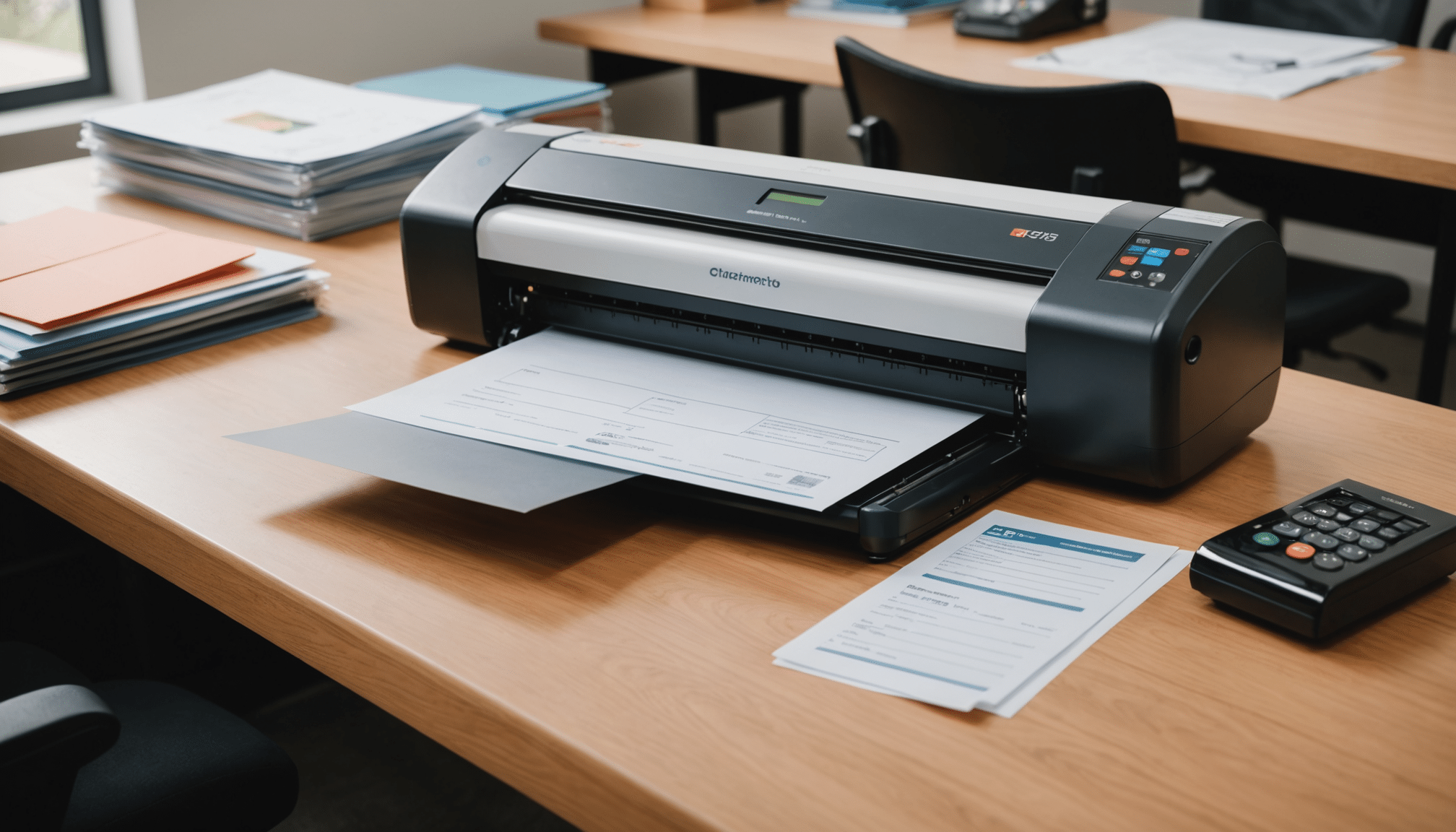 Modern office laminator in use with related tools.
