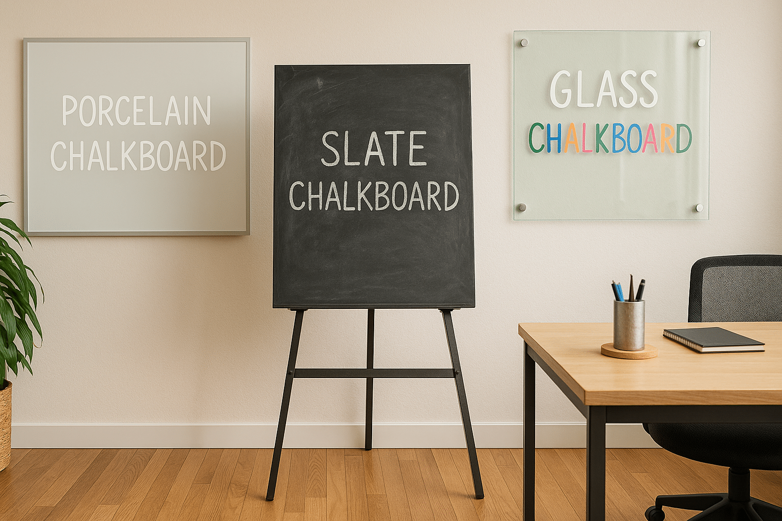 Modern workspace featuring triptych of diverse chalkboards.
