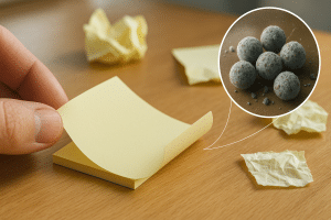 Person peeling sticky note off wooden desk scene