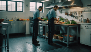 Worker chopping vegetables in well-lit industrial kitchen.