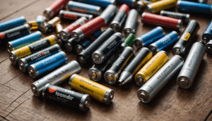 Assorted AAA batteries showcased with associated electronics.