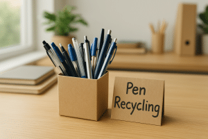 Eco-friendly home office with pen recycling box.