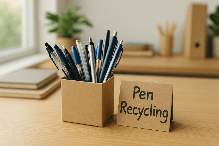 Eco-friendly home office with pen recycling box.