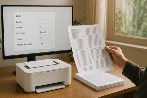 Modern eco-friendly home office with double-sided printing setup.