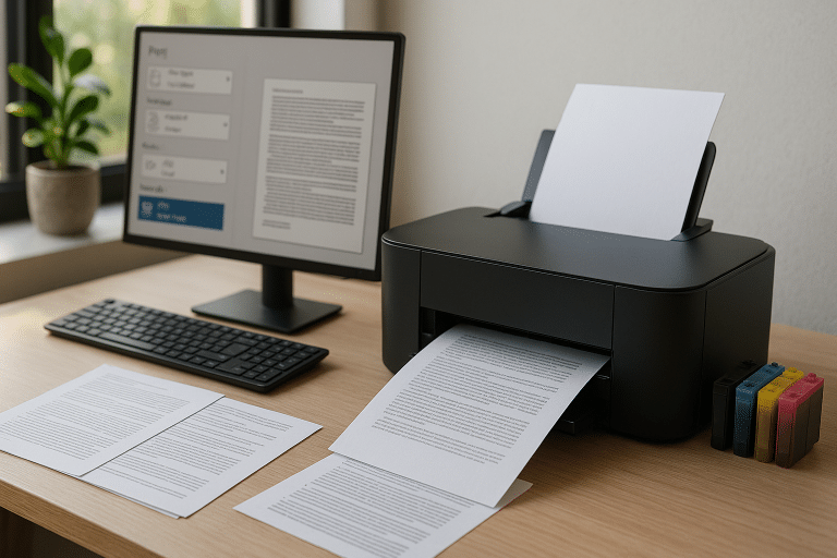 Modern home office with efficient printer in use.
