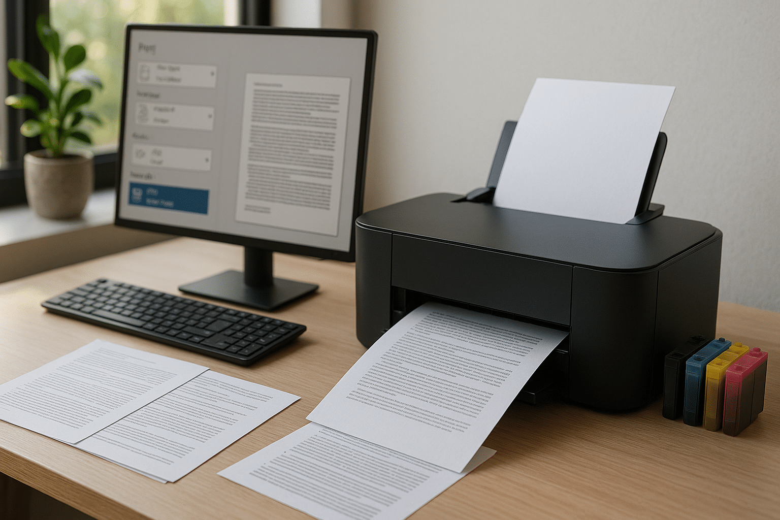 Modern home office with efficient printer in use.