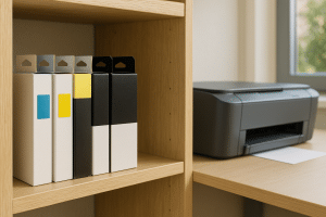 Well-maintained office area with sealed ink cartridges.