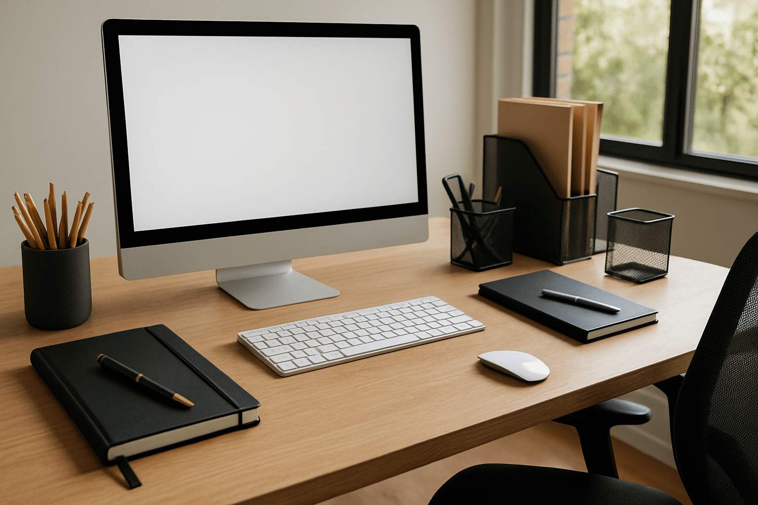 Ergonomic workspace featuring premium office supplies and furniture