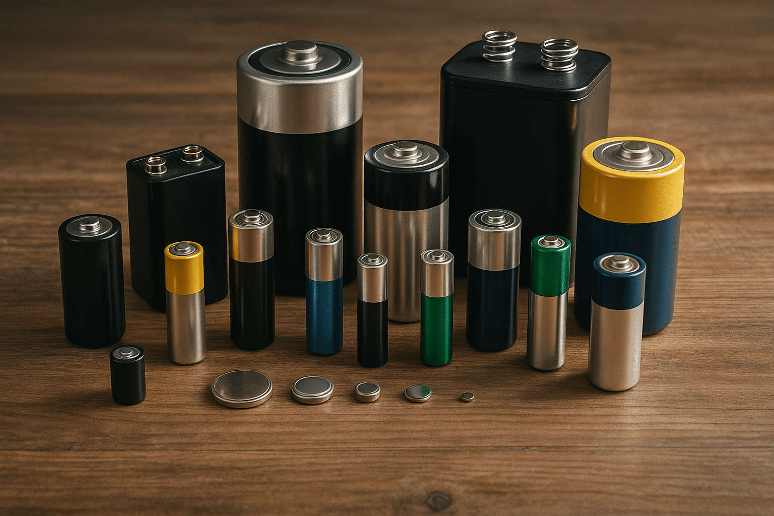 Different battery types displayed on a wooden table