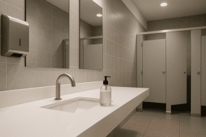 Modern office bathroom with sleek hand soap dispenser