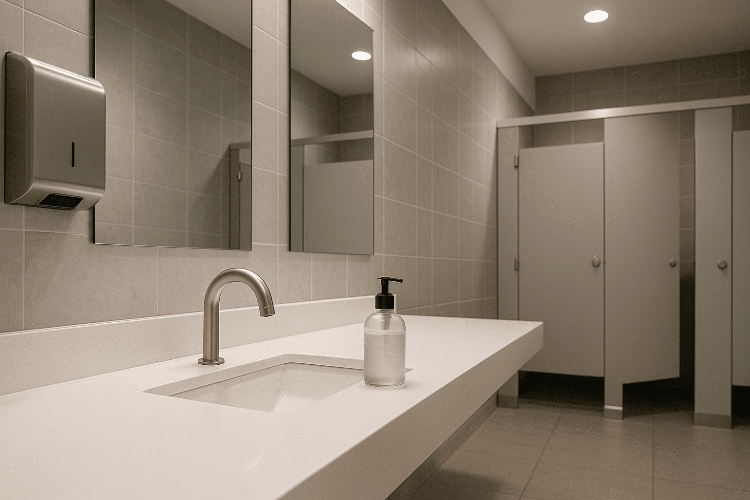 Modern office bathroom with sleek hand soap dispenser