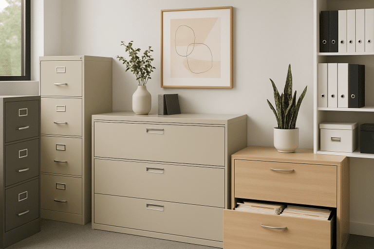 Modern office showcasing vertical and lateral filing cabinets