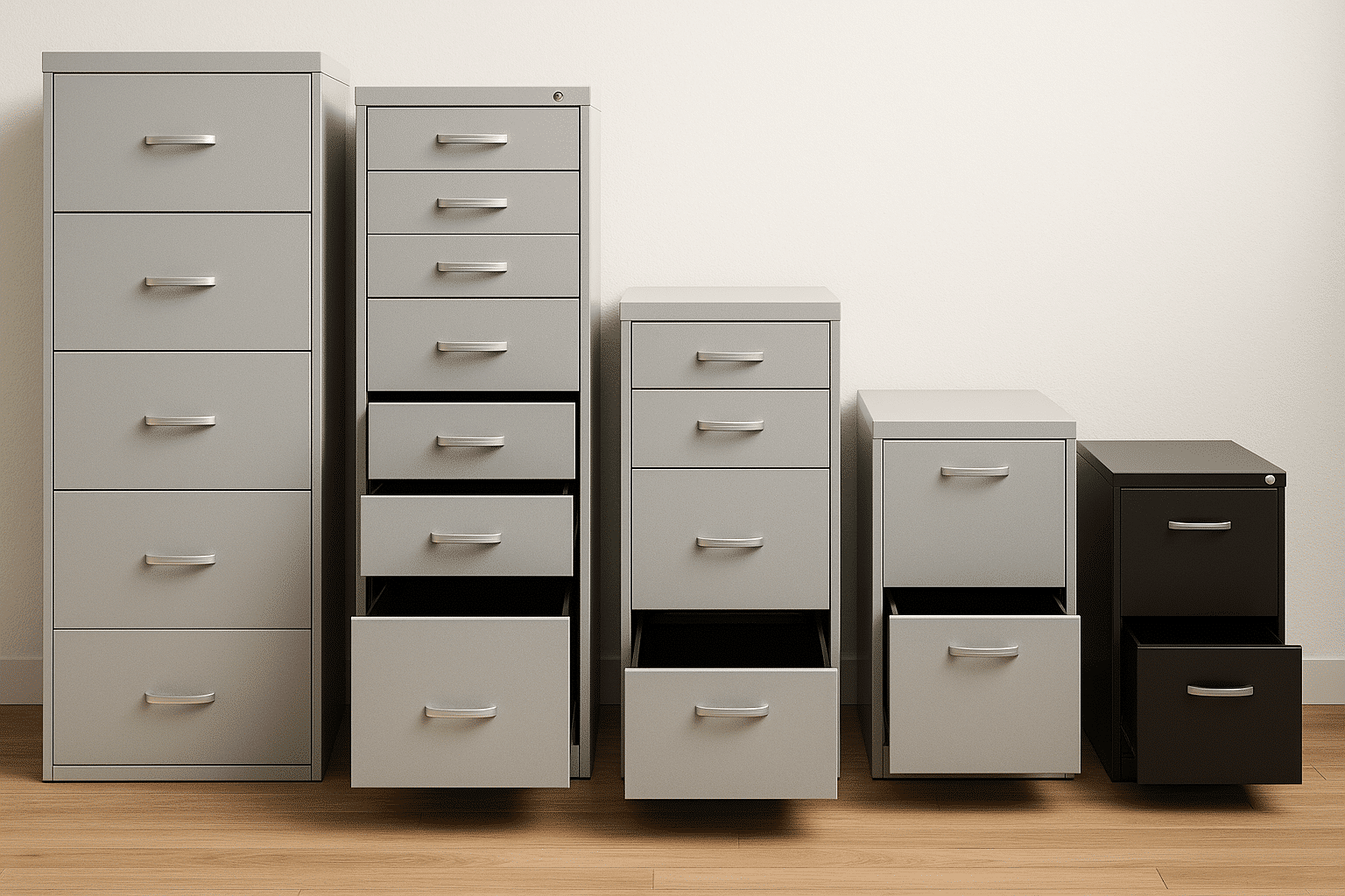Various filing cabinet styles showcasing drawer capacities displayed