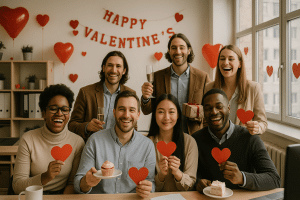 Office team celebrates Valentines Day with joyful spirit