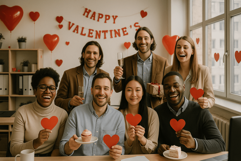 Office team celebrates Valentines Day with joyful spirit
