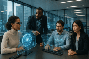 Futuristic office thriving with diverse collaborative innovation Image