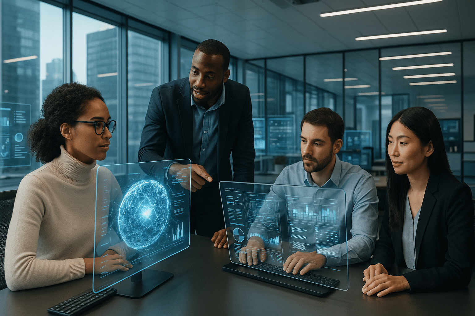 Futuristic office thriving with diverse collaborative innovation Image