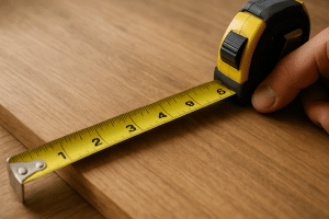 Measuring tape stretched across a smooth wooden surface
