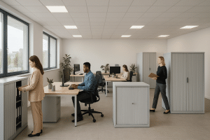 Modern office showcasing sleek and functional tambour cabinets