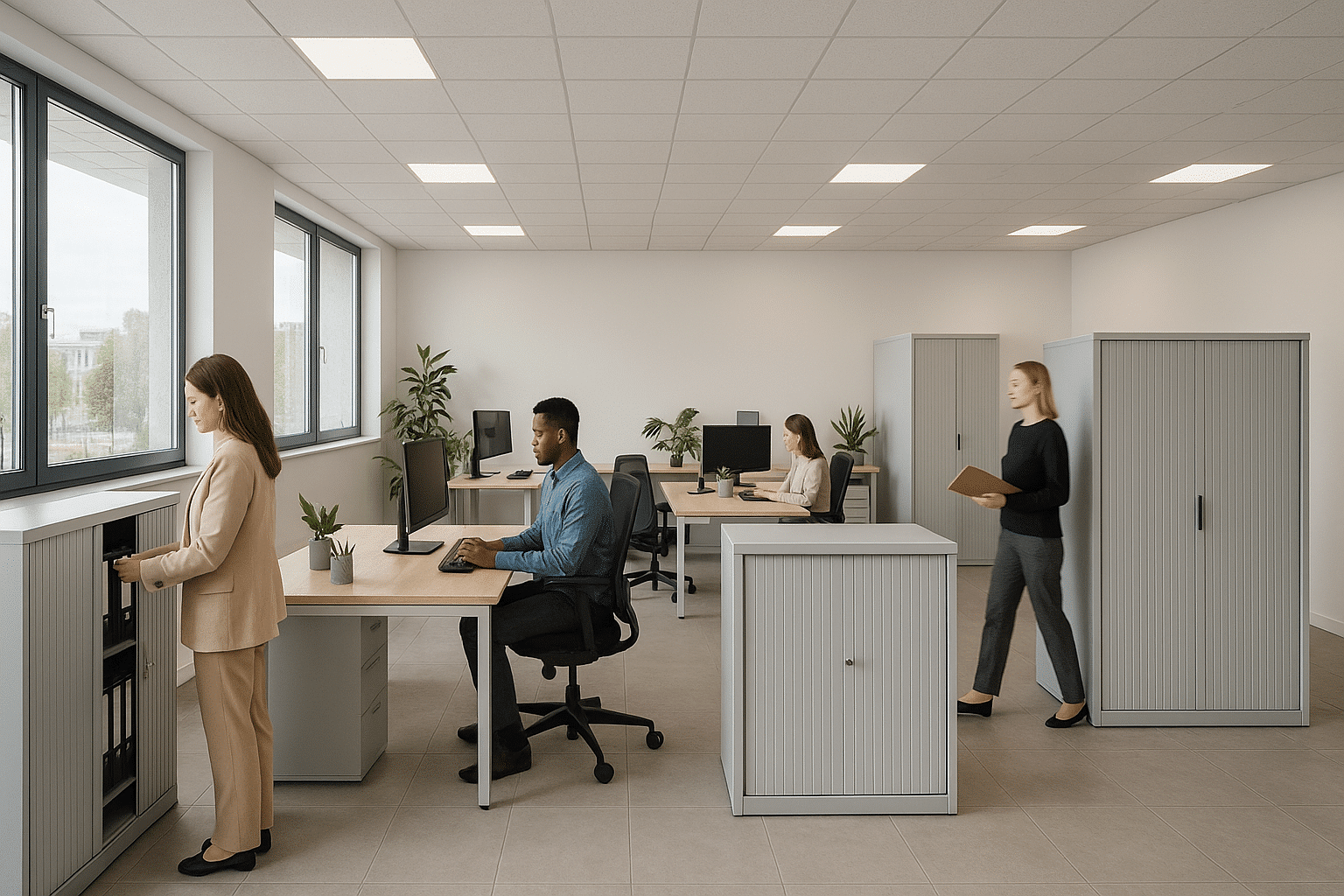 Modern office showcasing sleek and functional tambour cabinets