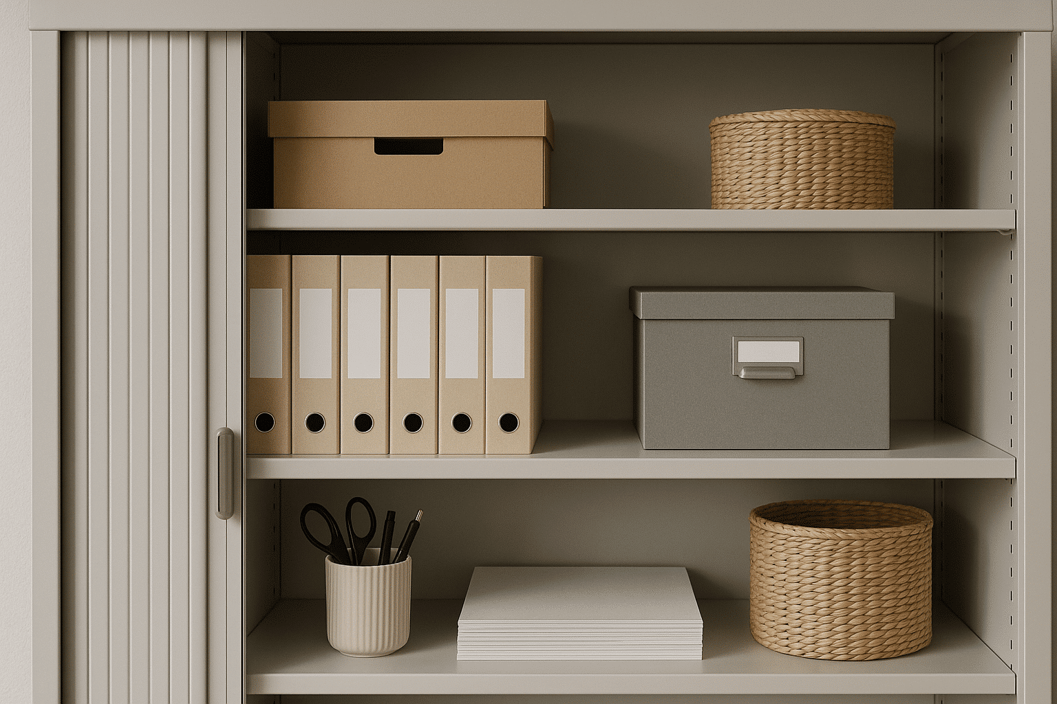 Tambour cabinet with adjustable shelves and office supplies