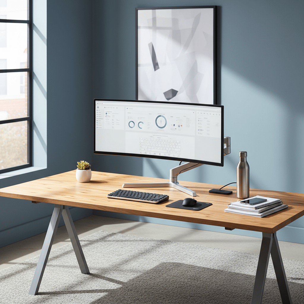 Ergonomic setup with sleek monitor arm and desk