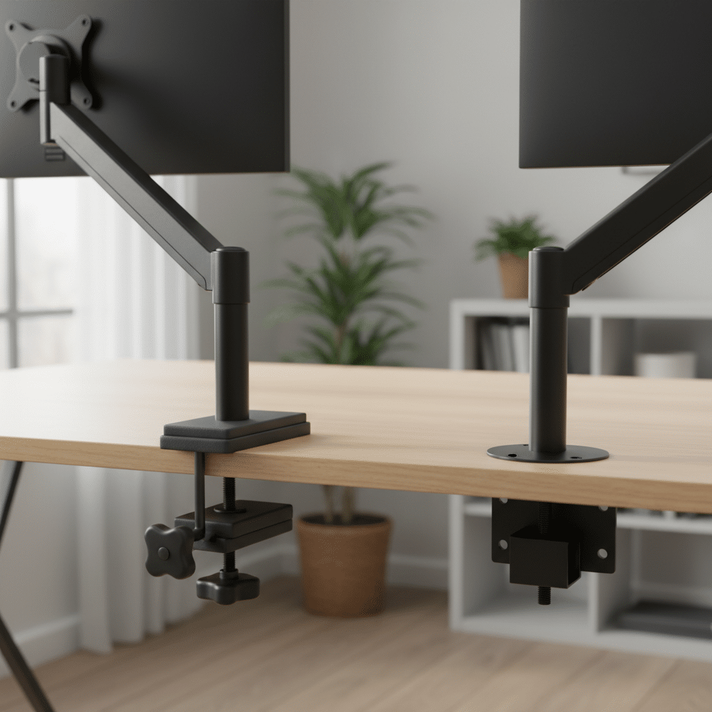 Monitor arm showcasing clamp and grommet mounting options
