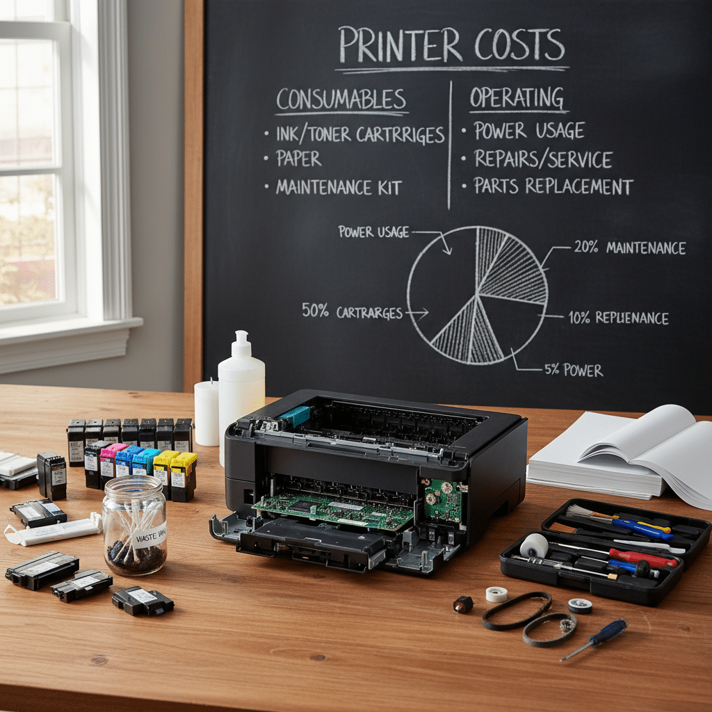 Printer costs breakdown including cartridges and maintenance details