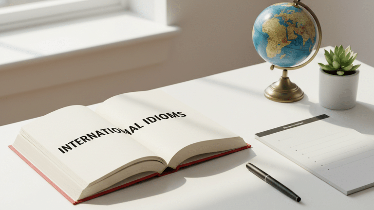 Open book titled "International Idioms" on a white desk with natural light streaming in from a window.