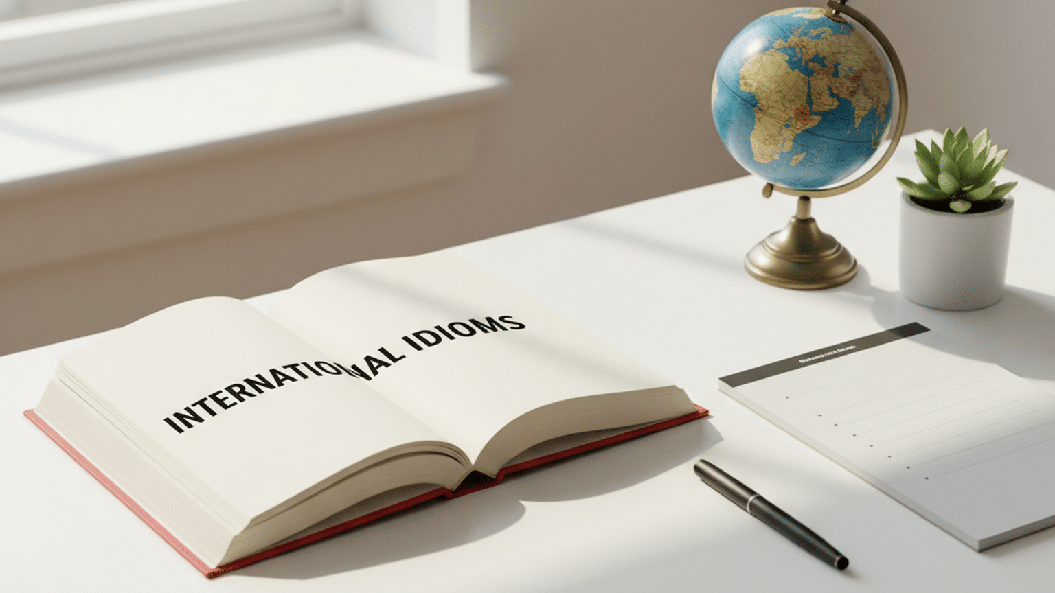 Open book titled "International Idioms" on a white desk with natural light streaming in from a window.