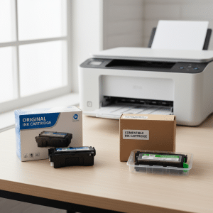 Original vs compatible ink cartridges with printer background