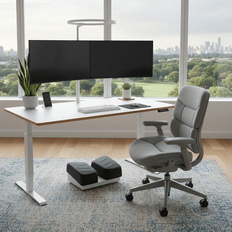 Ergonomic workstation setup with adjustable chair and accessories