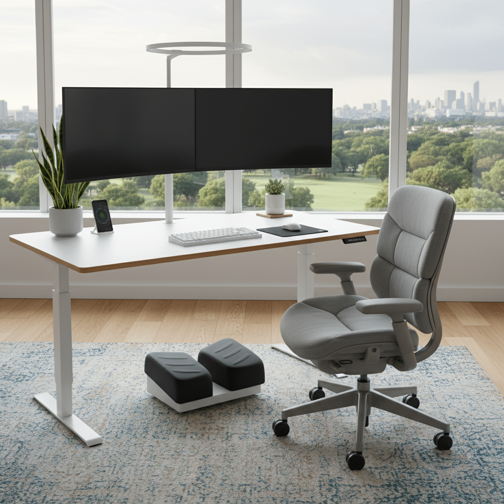 Ergonomic workstation setup with adjustable chair and accessories