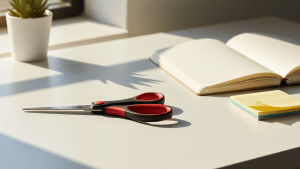 Left-handed Viking scissors on a white desk with a notebook and sticky notes, illuminated by warm natural light.