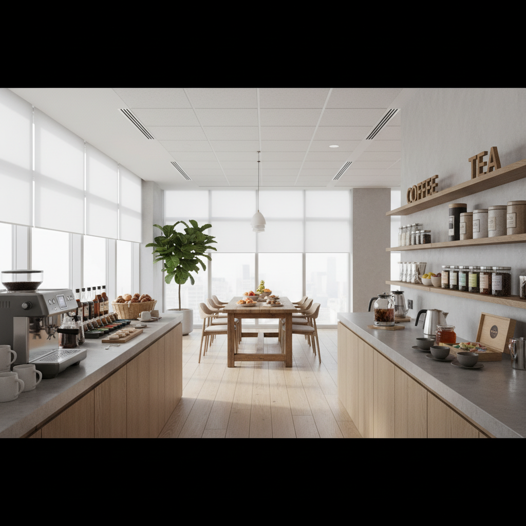 Modern breakroom offers coffee and tea station variety