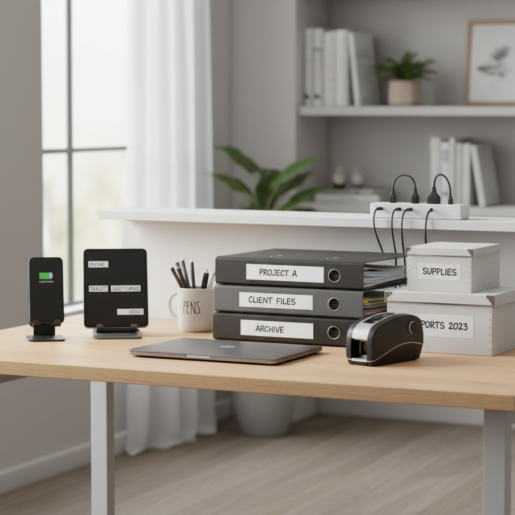 Organized desk with labeled items for efficient workflow